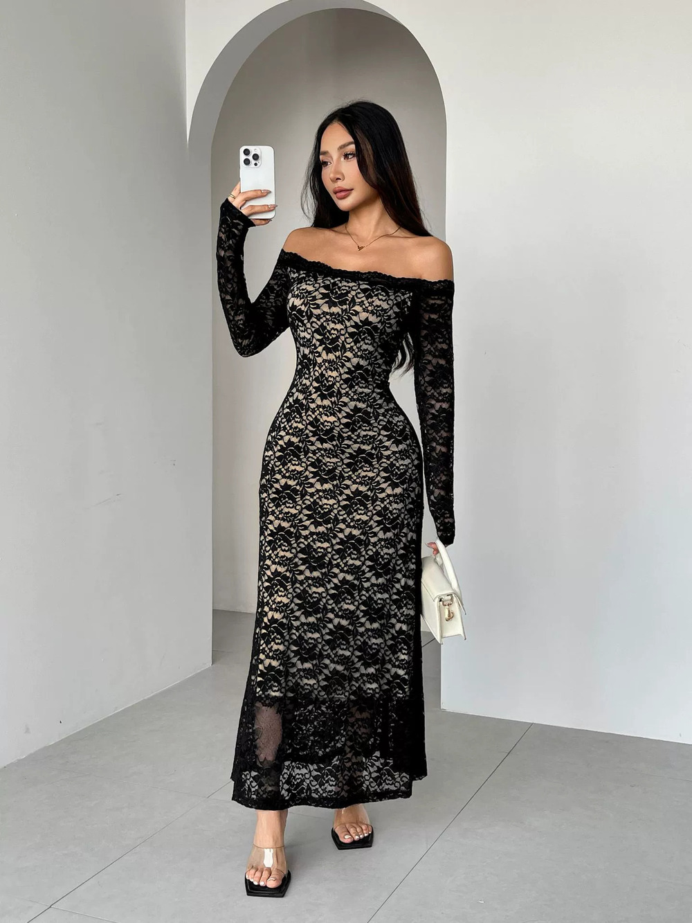 Elegant Women Black Mesh Sequin Backless Slim Fit Long Sleeve Dress